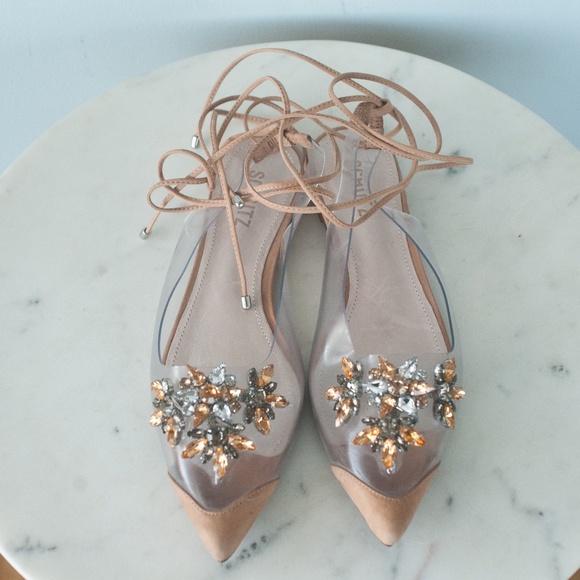 Schutz Clear Vinyl Pointed Toe Rhinestone Ankle Wrap Flats - Picture 2 of 11
